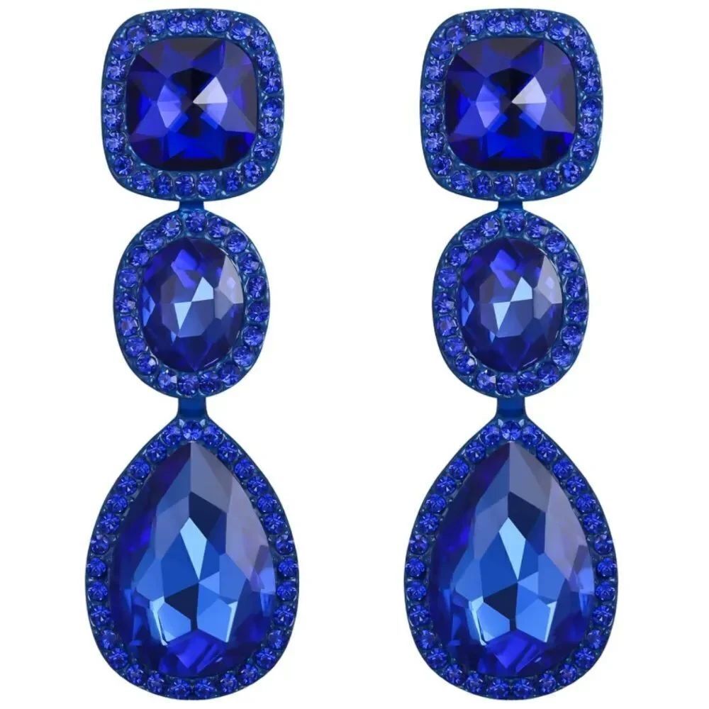 Blue with Blue Sapphire Austrian Crystal Dangling Chandelier PostโBack Earrings